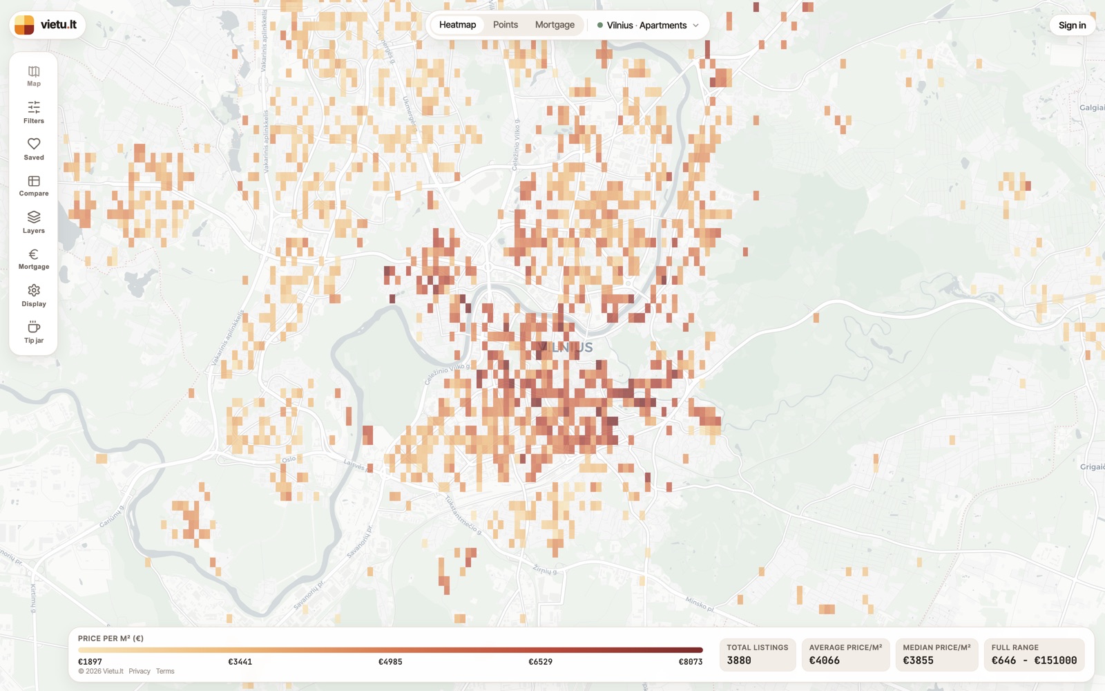 Price-per-square-metre heatmap of Vilnius, showing a color-graded grid from pale gold to deep red