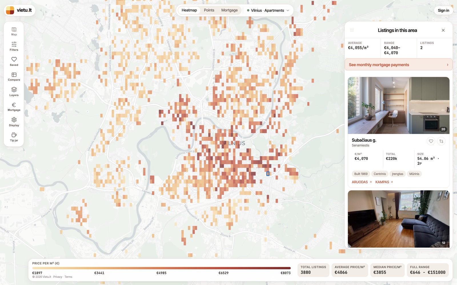 Listings panel showing photos, price per square metre, total price and size for apartments in an area