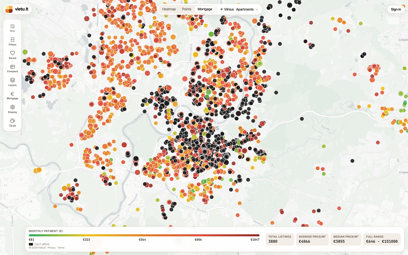 Map view coloured by estimated monthly mortgage payment, with unaffordable listings shown in black